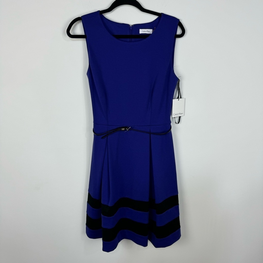 Calvin Klein Blue Purple Belt Skater Mini Dress Office Professional